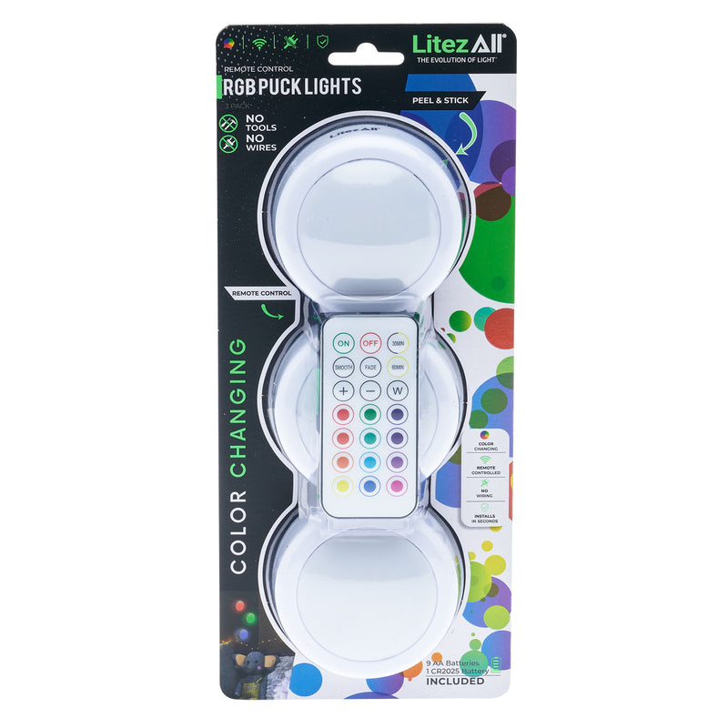 26345 - LA-RGBLGx3-6/24 LitezAll Remote Control RGB Puck Lights 3 Pack