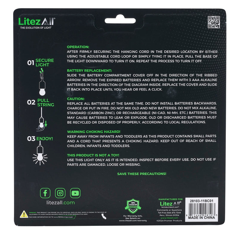 28103 - LA-FLPLBLBx3-4 LitezAll Pull String Warm White Battery Powered Bulb 3 Pack