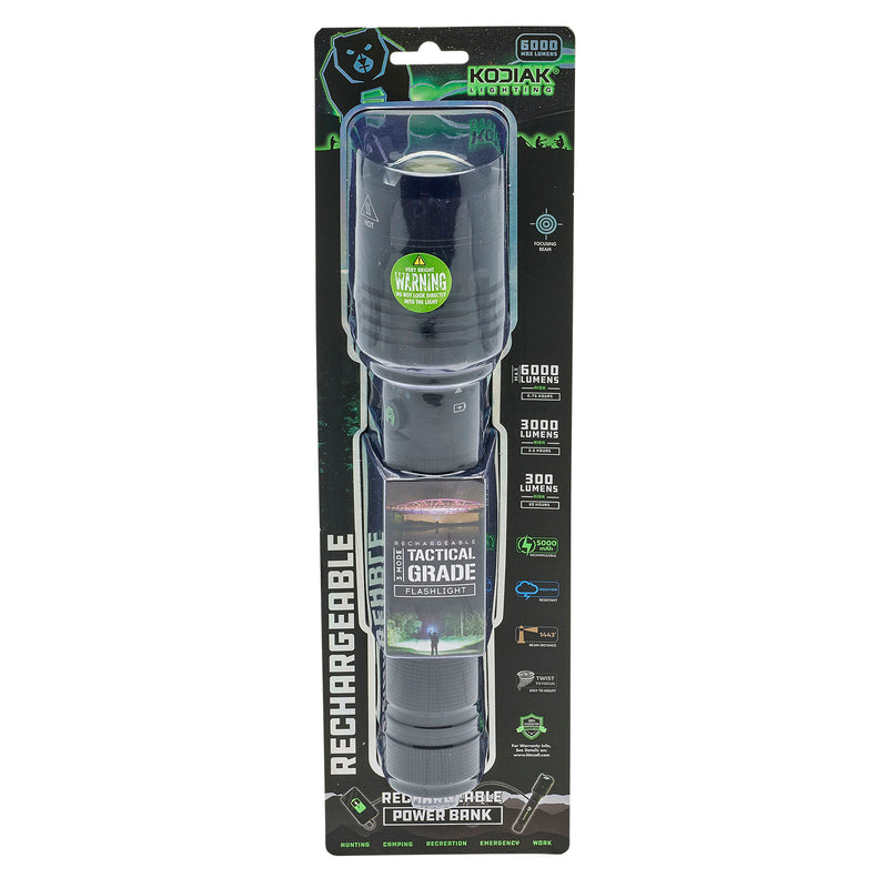 6000 Lumen Rechargeable Waterproof Twist Focus LED Flashlight with Battery  Bank