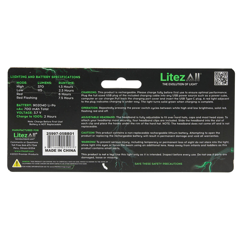 25997 - LA-BBRCH350-4/16 LitezAll Rechargeable Briteband® Headlamp