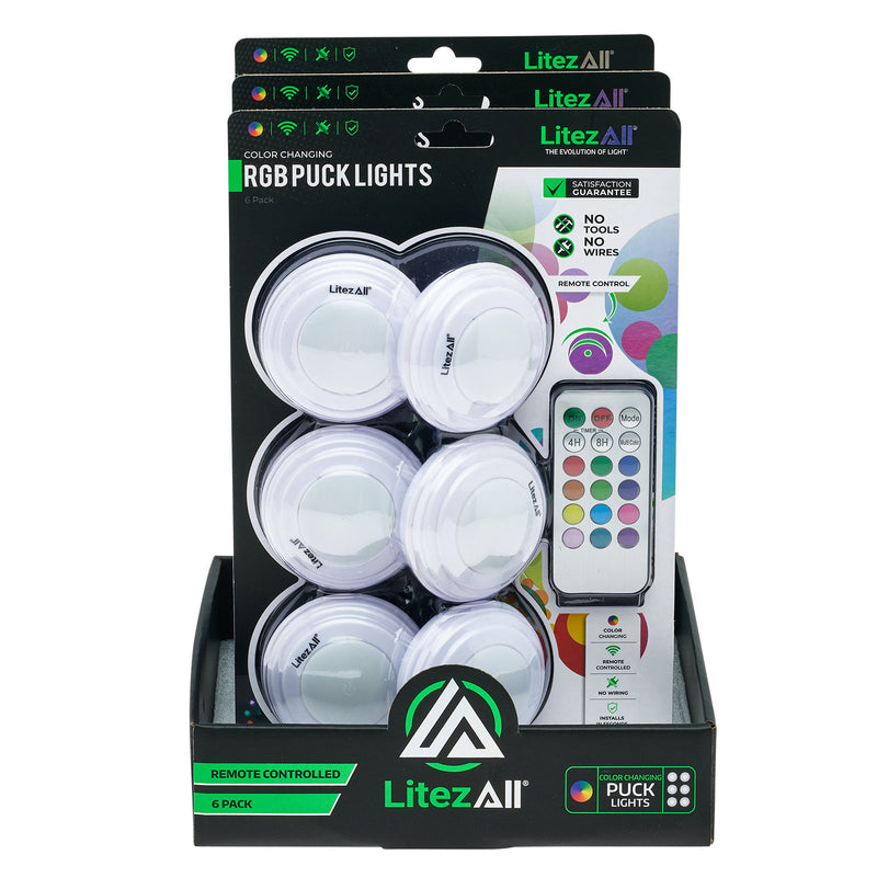 26338 - LA-RGBSMx6-3/12 LitezAll RGB Remote Controlled Puck Light 6 Pack